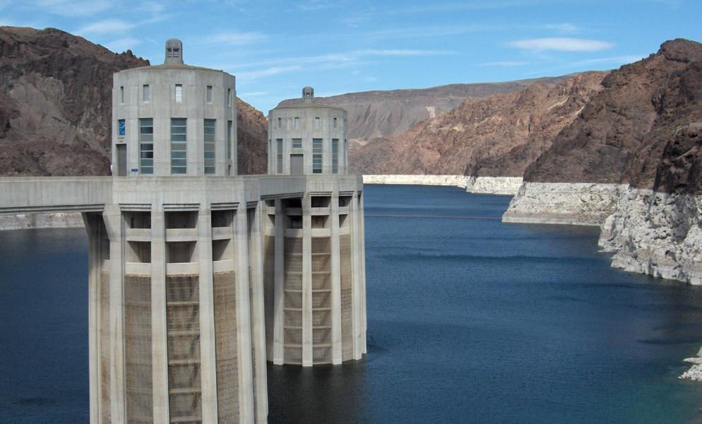 The dam's water intake towers are a unique design