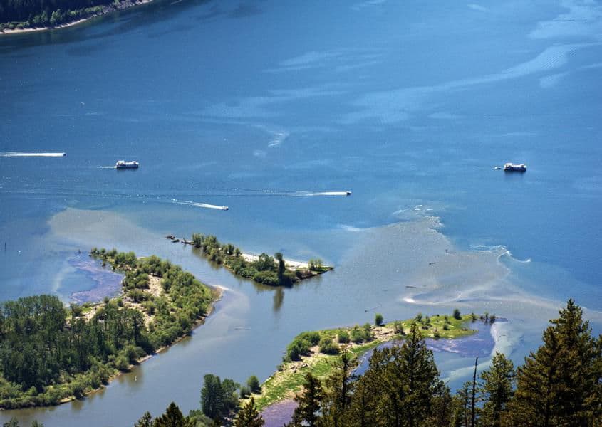 A canal merges with the lake as houseboats and powerboats float by