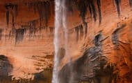 Leftover rain offers a sense of waterfalls cascading off canyons