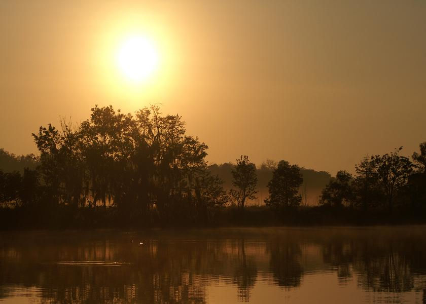 The sun shines over the misty, clear water